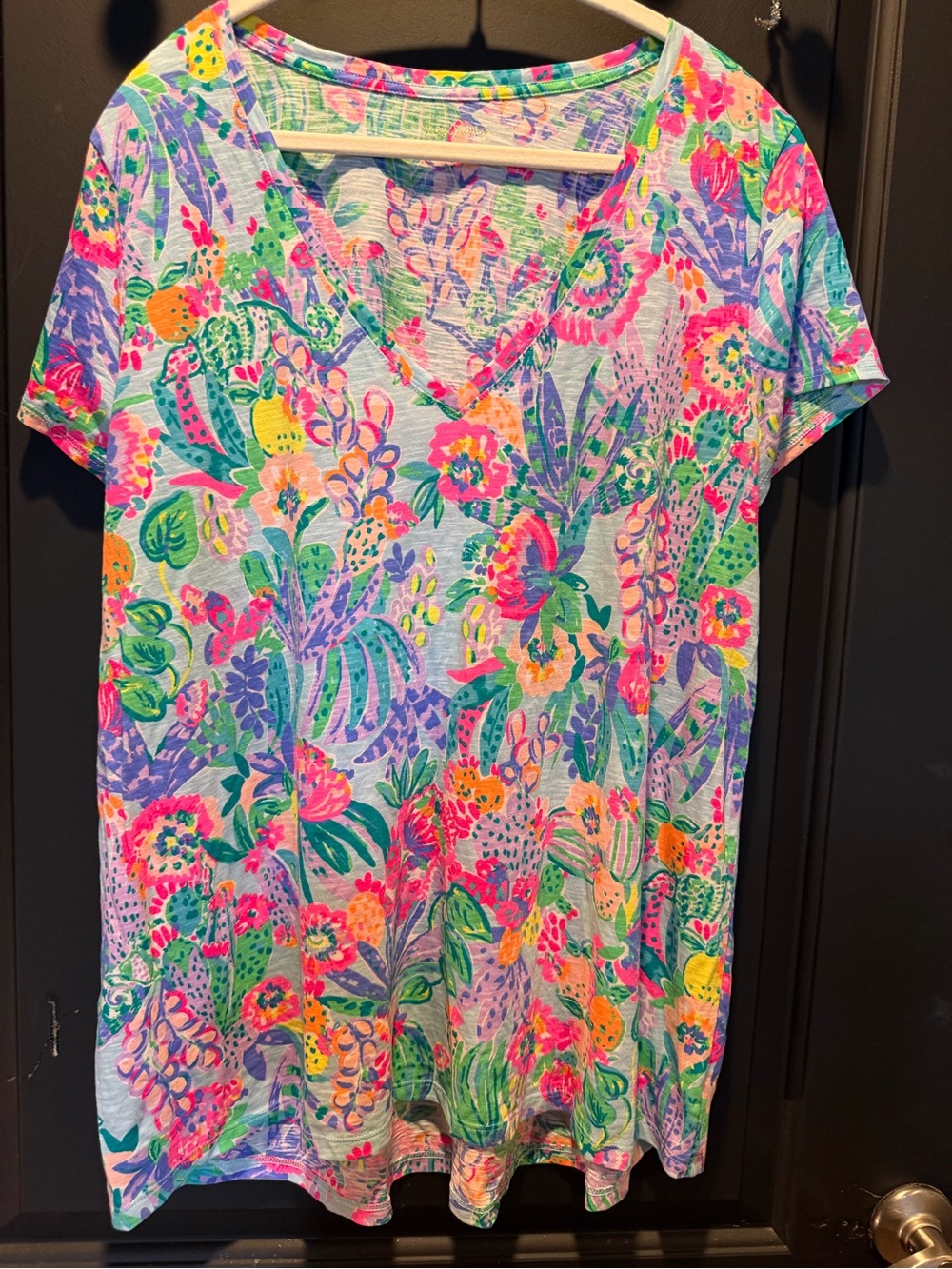 Lilly Pulitzer Tropical Floral V-Neck Tee in Pink, Green, Purple, Orange